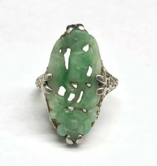 Art Deco 14k White Gold & Carved Jade Statement Ring Size 5.  5