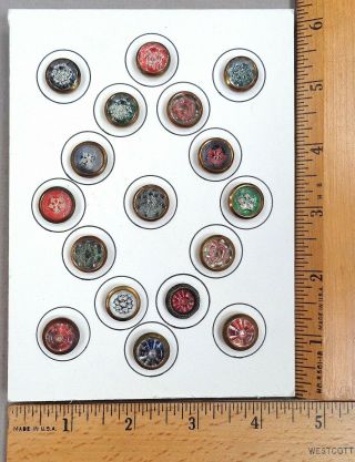 Card Of 17 Early Antique Buttons,  Assorted Under Glass Set In Metal,  1800s