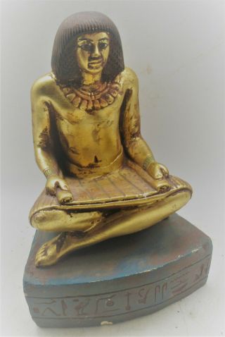 Rare Ancient Egyptian Gold Gilded Stone Seated Scribe Statue With Heiroglyphics