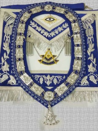 Masonic Past Master Apron,  Collar & Jewl Matching Blue Velvet Hand Embroidered