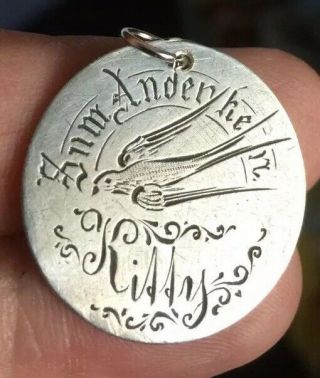 Victorian Love Token Silver Engraved Kitty & A Love Bird Coin Charm