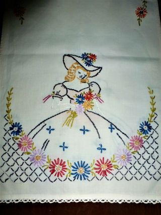 Vintage White Dresser Scarf Embroidered HUGE SOUTHERN BELLE Flowers Bouquet 3