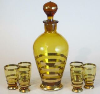 Vtg Mid Century Modern 24k Gold Trim Amber Glass Whiskey Decanter Shot Glass Set