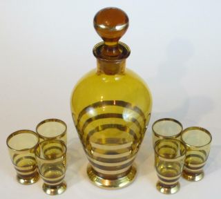VTG Mid Century Modern 24K Gold Trim Amber Glass Whiskey Decanter Shot Glass Set 2