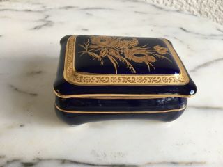 Vintage Tharaud Limoges Rectangular Cobalt Blue And Gold Porcelain Trinket Box