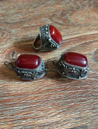 Antique Bakelite Cherry Amber Set Ring & Earrings 30g Faturan