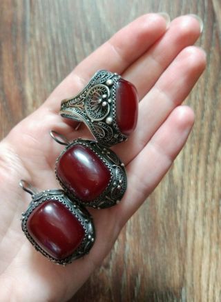 Antique Bakelite Cherry Amber set ring & earrings 30G faturan 2