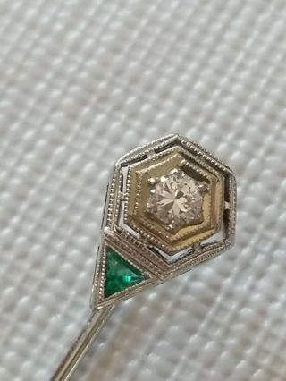 Antique Art Deco Diamond & Emerald 18k White Gold Stick Lapel Pin 3mm Diamond