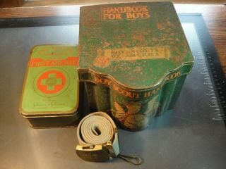 Vintage " Boy Scouts Of America " Handbook Box,  Belt,  & First Aid Kit.