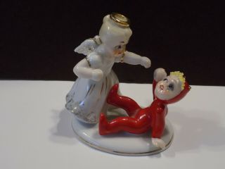 Vtg Lefton Angel Punching Devil Ceramic Figurine,  No Pitchfork
