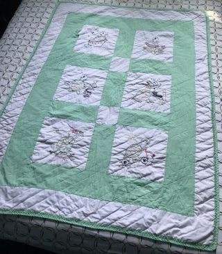 Vintage Handmade Baby Quilt Turtles Green 36 " X 50 " Antique Hole F20