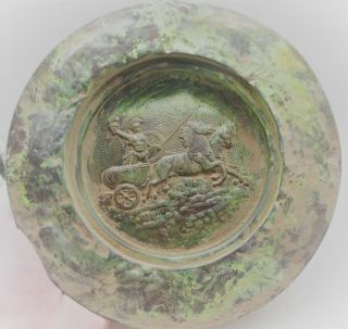 Scarce Late Roman Period Hammered Bronze Plate Depicting Chariot And Rider