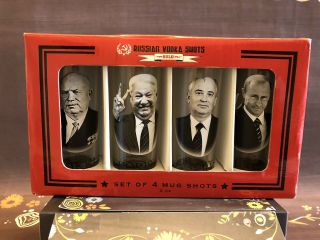 Russian Presidents Vodka Shot Glass Set Of 4 Mug Shots 2 Oz.  Putin Collectable