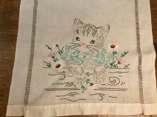 Vtg Dresser Scarf Embroidery Kitten Cat Fence 15 " X39 " Drawn Thread White Linen