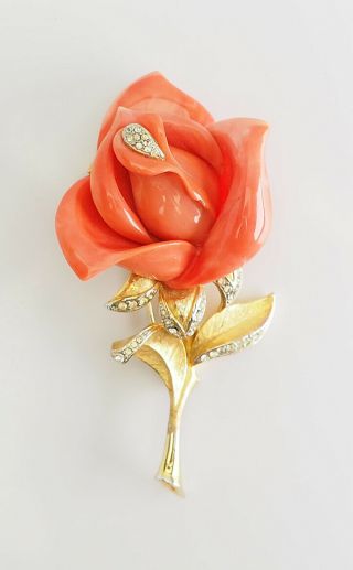 Large Vintage Gold Tone Metal Crystals Rose Flower Pin Brooch By Hattie Carnegie