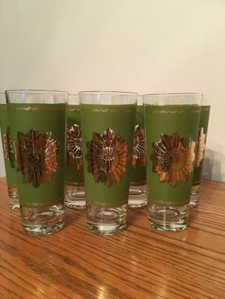 Vtg Federal Sunburst Gold Olive Green Glass Highball Beverage Tumbler Set Of 7