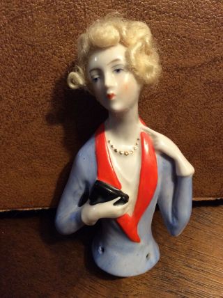 Antique Vintage 4” German Porcelain Half Doll Pin Cushion