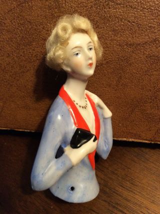 Antique Vintage 4” German Porcelain Half Doll Pin Cushion 2