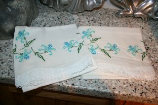 Vintage Embroidered Pair Pillowcases Turquoise/green Flower White Crochet Trim