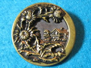 Antique Brass Picture Button: Flowers And House
