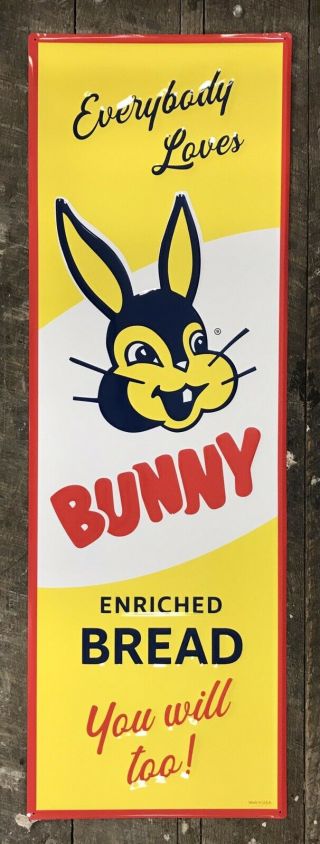 “everybody Loves Bunny Enriched Bread” Vintage Tin Metal Sign,  42” X 14”