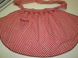 Vintage Hand Made Red & White Embroidered Cotton Gingham Half Apron
