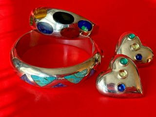 Mexico Taxco Sterling Silver Multi Stone Inlay Bracelets & Earrings Set - Wow