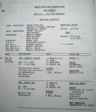 3 Vintage Scripts DYNASTY II - The Colbys of California,  Shooting Schedules 3