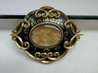 Antique Victorian In Memory Of Hair Locket Gold Jet Enamel Mourning Brooch Pin
