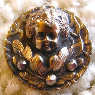 Antique Metal Button,  Baby Face Peeking Through Leaves,  Cut Steel Jewels