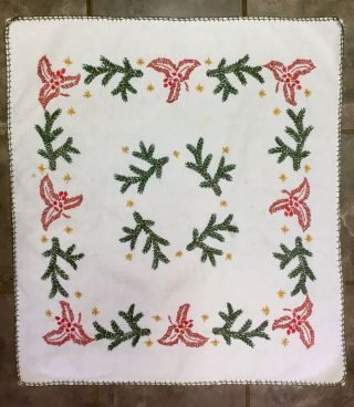 Vintage Christmas Holly Branch Hand Embroidered White Linen Tablecloth 26”x28.  7”