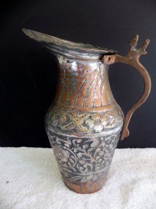 Antique 19th Century Copper Tinned Silver Persian Islamic Qajar Jug Pitcher Old