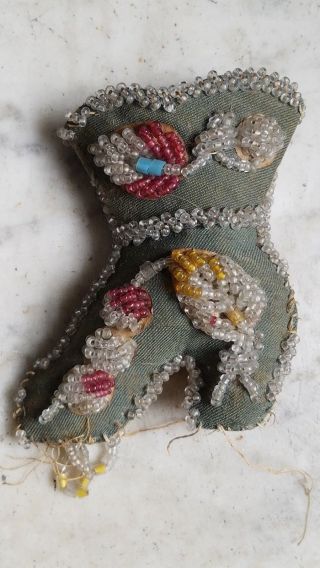 Antique Blue Iroquois Shoe Boot Glass Beaded Hanging Wall Pocket Pin Cushion