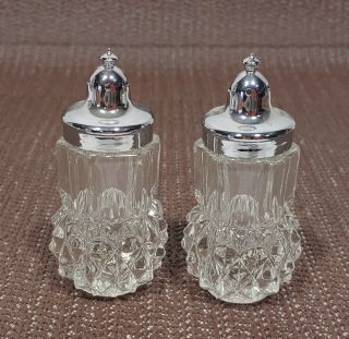 Vintage Diamond Point Glass Silver Metal Top Salt And Pepper Shakers