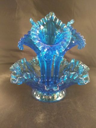 Vintage Fenton Art Glass Colonial Blue Thumbprint 3 Horn Epergne