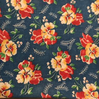 Full Vintage Opened Feedsack - Red And Yellow Floral On Blue Background -