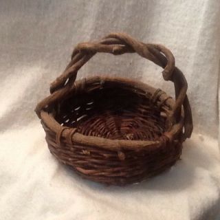 Vintage Small Woven Basket With Vine Wood Handle