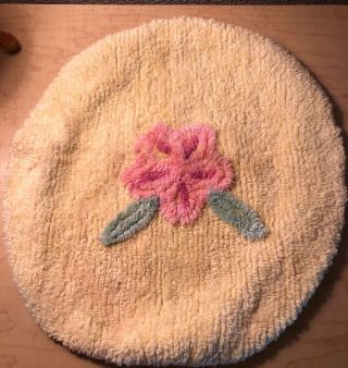 Vintage Chenille Toilet Seat Cover Small Yellow W/ Pink Flower Green