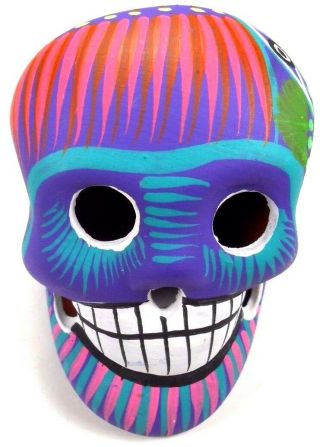 Skull Head Mexico " Day Of The Dead " Clay Hand Painted Not Glazed 2.  5 " H,  3 " L,  2.  5 " W