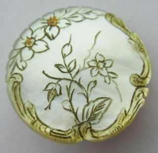 Exquisite Antique Vtg Victorian Carved Mop Shell Button Incised Gold Floral (a)