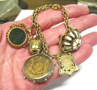 Victorian Gold Filled Charm Bracelet 5 Fob Charms 37.  4 Grams 7 Inches