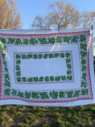 Vintage 1970’s Era Green & Red Cotton Blend Holly Christmas Tablecloth