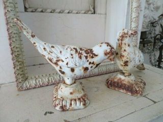 2 FABULOUS Vintage CAST IRON METAL BIRDS Statues White Rusty with Patina 2