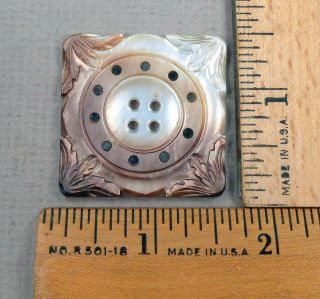Pearl / Mop Button,  1800s Carved Square Design,  Steel - Mirror Trim,  Large