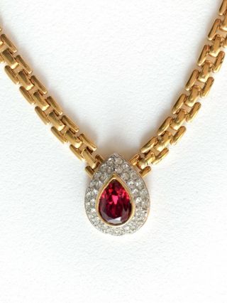 Authentic Lanvin Germany Gold Tone Ruby Rhinestone Necklace Vintage