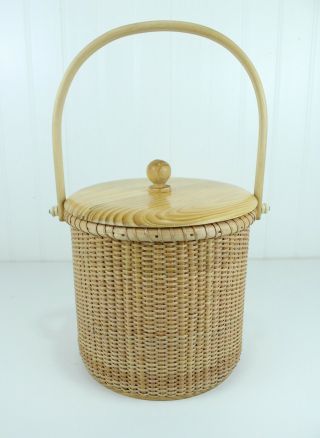 Vintage Wicker Rattan Wood Nantucket Style Basket Ice Bucket