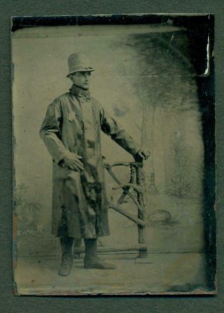 Ca.  1870 Occupational Standing Police Man Officer In Uniform W Raincoat Badge Hat