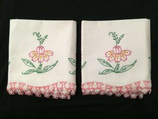 Vintage Handmade Embroidered Pink Flower Pillowcases With Crochet Edge -