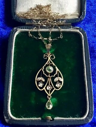 Antique Edwardian 9ct Gold Peridot & Seed Pearl Lavaliere Pendant & Chain