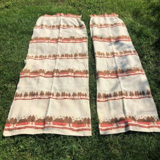 Vintage Wool Handmade Country Styled Window Curtains Red Brown Cabin Trees 70 " L